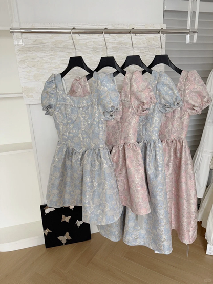 Cute Satin Print Floral Short Sleeves A Line Birthday Outfits Blue Homecoming Dress S403