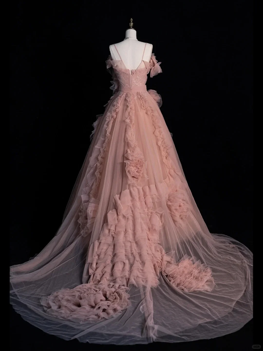 Pretty Spaghetti Strap Pink Tulle Pleated Beaded Long Evening Dress Birthday Party Dress D4833
