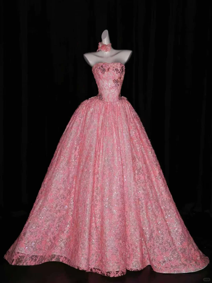 Pretty Pink Strapless Tulle Floral Long Wedding Dress Formal Bridal Gowns D3078