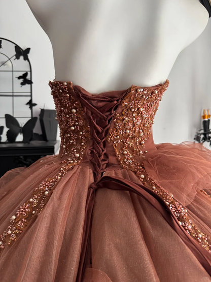 Retro Caramel Strapless Tulle Beaded Long Birthday Quinceanera Dress Sweet 16 Dress D4713