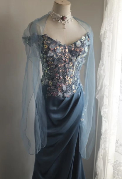 Gorgeous Off The Shoulder V Neck Satin Sequin Appliques Evening Dress Long Mermaid Slit Prom Dresses D2203