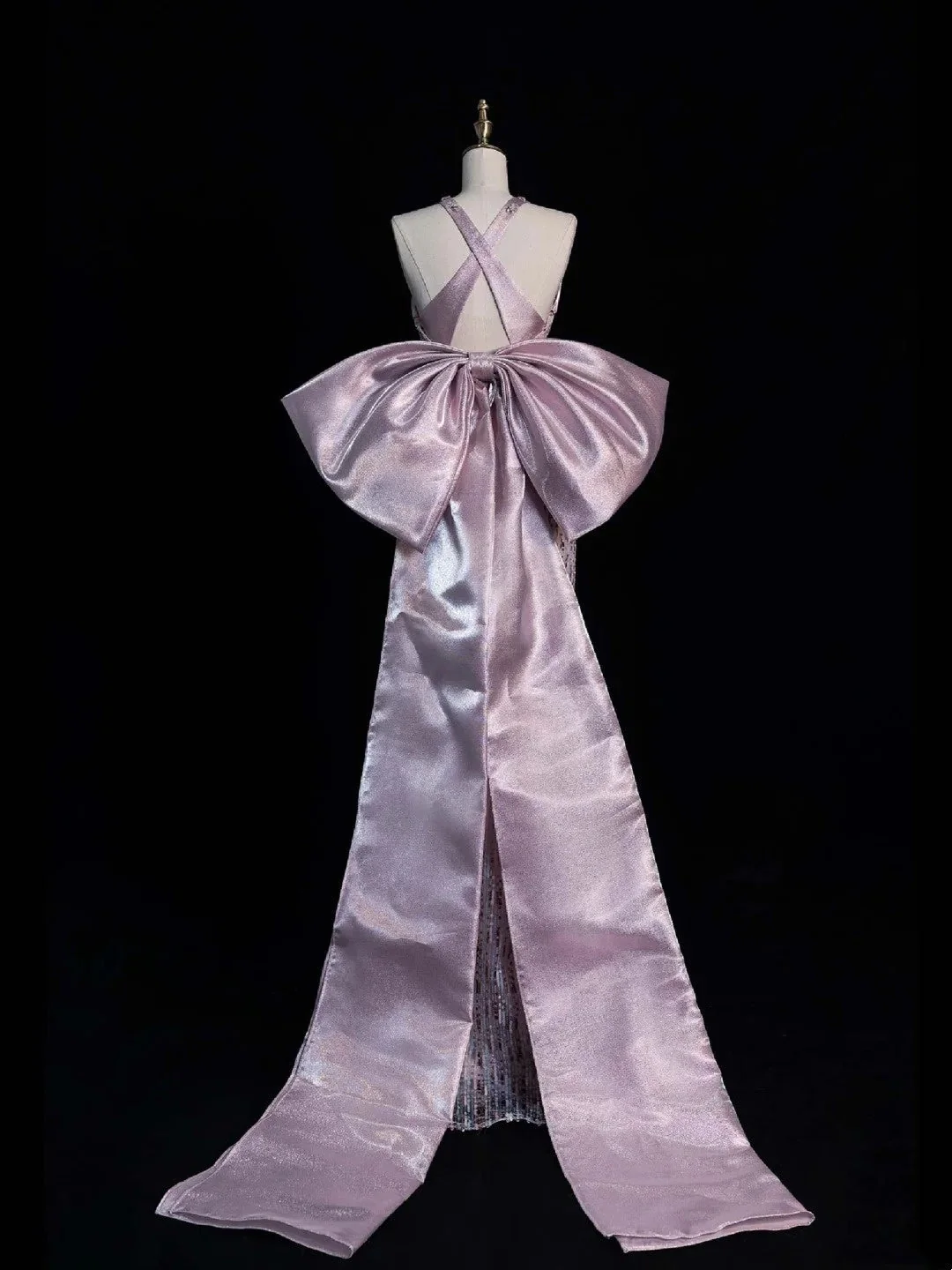 Stunning Pink Tulle Sequined Mermaid Long Prom Dresses Evening Dress With Bow D4848