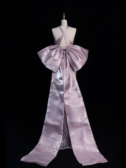 Stunning Pink Tulle Sequined Mermaid Long Prom Dresses Evening Dress With Bow D4848