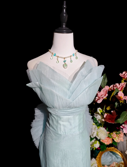 Charming Strapless Blue Tulle Mermaid Long Party Dress Birthday Prom Gown D2359