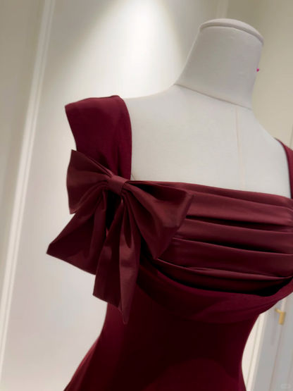 Pretty Burgundy Satin A Line Evening Dress Long Party Gown D2993