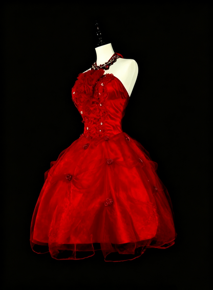 Charming Halter Red Satin Tulle Beaded A Line Short Homecoming Dress Birthday Dress D4048