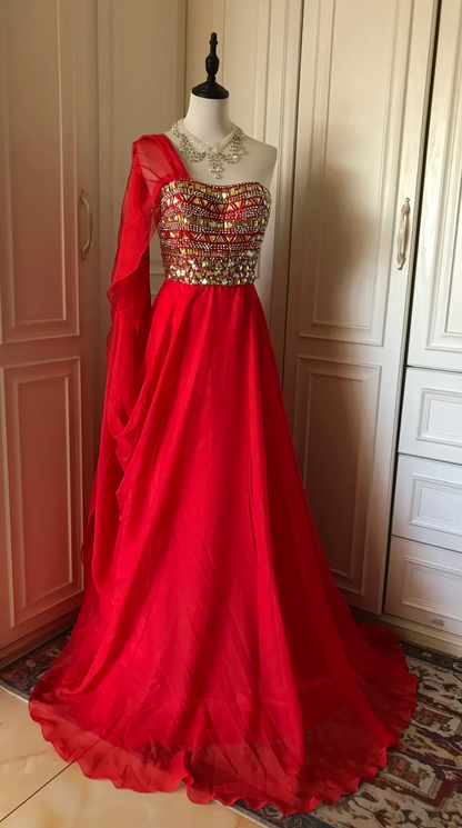 Gorgeous Red Chiffon Beaded Mermaid Long Party Dress Evening Dress D3102