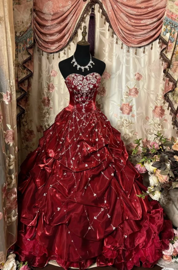 Vintage Strapless Burgundy Satin Pleated Beaded Ball Gown Sweet 16 Dress D928