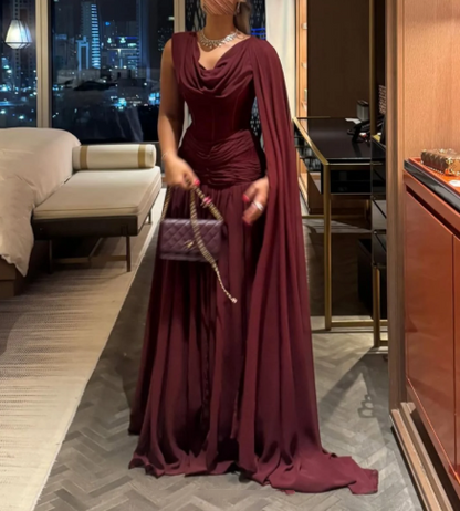 Classy Burgundy Chiffon Slit Mermaid Long Wedding Guest Dress Birthday Evening Dress D1949