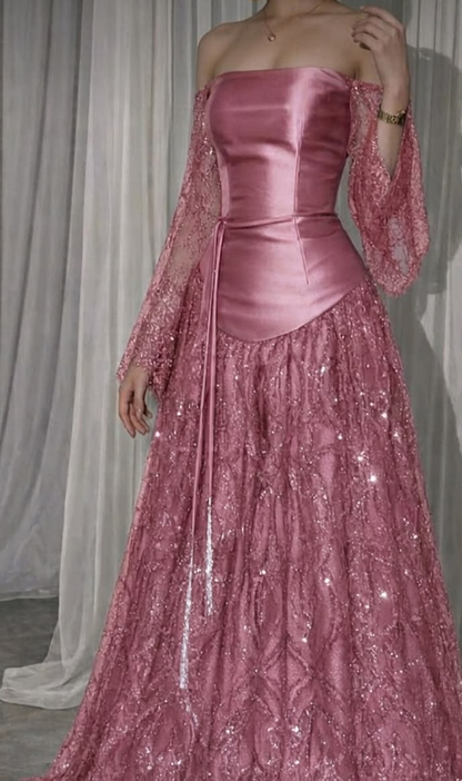 Pretty Pink Satin Lace Sequin Long Party Dress Off The Shoulder Long Wedding Guest Dress D4280