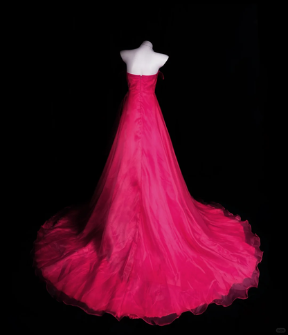 Sexy Strapless Ball Gown Hot Pink Organza Beaded Long Evening Dress Prom Gown D2515