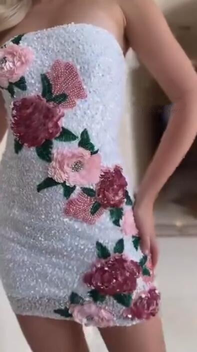 Unique Strapless Sequin Beaded Floral Sheath Short Graduation Homecoming Dress Cocktail Dress D4310