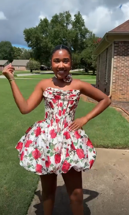 Charming Strapless Satin Print Floral A Line Red Short Homecoming Dress Birthday Outfits D4306