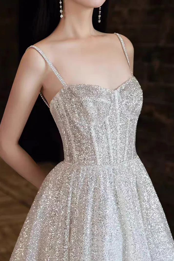 Glitter Spaghetti Straps Tulle Silver Sequin A Line Birthday Party Dress Long Evening Dress Prom Gown D1927