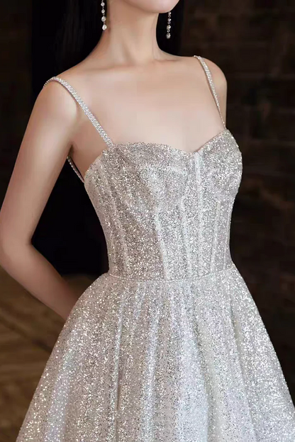 Glitter Spaghetti Straps Tulle Silver Sequin A Line Birthday Party Dress Long Evening Dress Prom Gown D1927