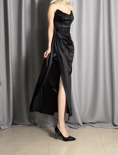 Sexy V Neck Black Strapless Satin Pleated Slit Mermaid Long Evening Dresses Prom Dress D2493