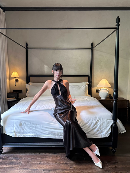 Classy Sleeveless Navy Blue Satin Mermaid Long Wedding Guest Dress Formal Backless Party Dress Evening Gown D2082