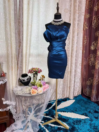 Vintage Strapless Blue Satin Sheath Homecoming Dress Cocktail Dress D1826