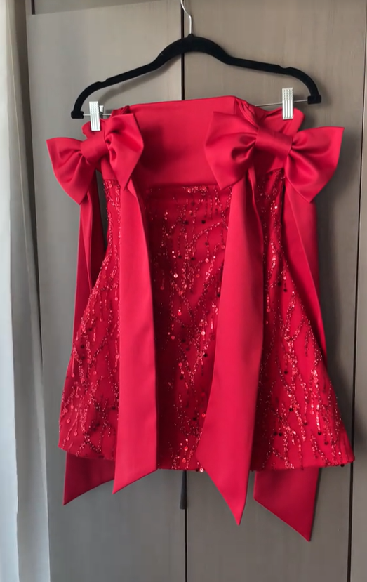 Pretty Red Bow Straps Satin Sequin Short Homecoming Dress Cocktail Dress D3948