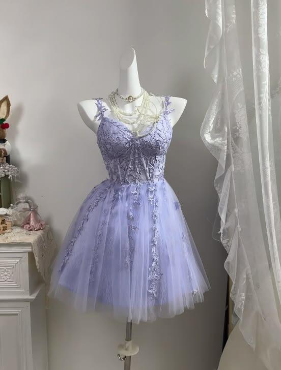 Elegant Spaghetti Straps Purple Tulle Appliques A Line Short Homecoming Dress Cocktail Dress D4237