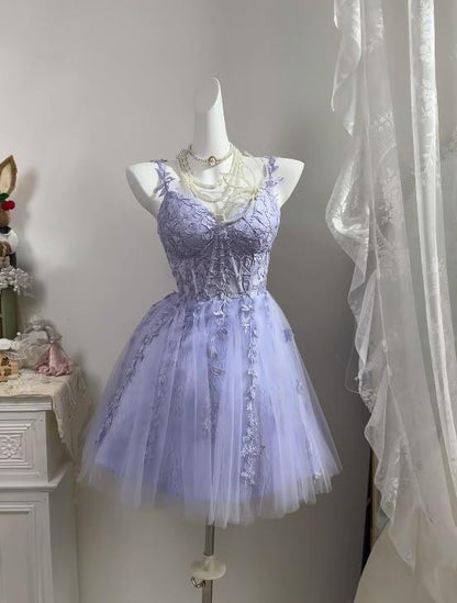 Elegant Spaghetti Straps Purple Tulle Appliques A Line Short Homecoming Dress Cocktail Dress D4237