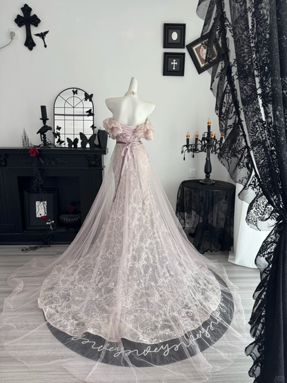 Glamorous Off The Shoulder Tulle Lace Mermaid Long Evening Dress Light Pink Long Birthday Party Dresses D4719