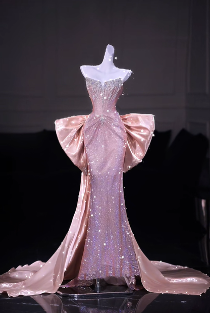 Glamorous Pink Sequin Beaded Mermaid Long Evening Dress Party Dress With Bow D5209