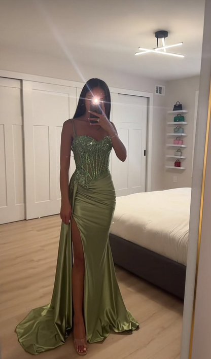 Charming Satin Beaded Appliques Mermaid Party Dress Sage Green Slit Long Prom Gown D5002