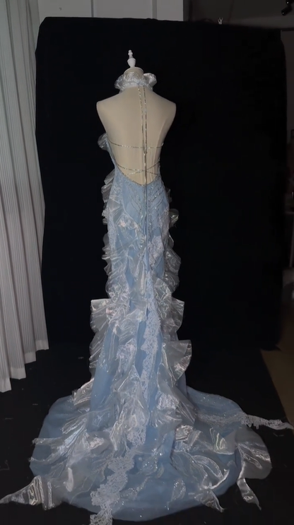 Glamorous Halter Satin Beaded Tulle Ruffles Mermaid Evening Dress Light Blue Backless Party Dress D5166
