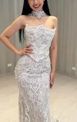 Gorgeous Strapless White Tulle Lace Beaded Mermaid Long Wedding Dress D1063