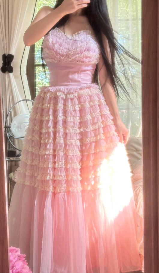 Sweet Strapless Pink Tulle Pleated A Line Long Party Dress Princess Birthday Prom Gowns D2309