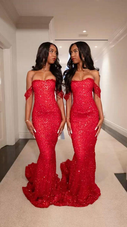Shiny Off The Shoulder Red Sequin Beaded Mermaid Long Evening Dress Party Gowns D5192