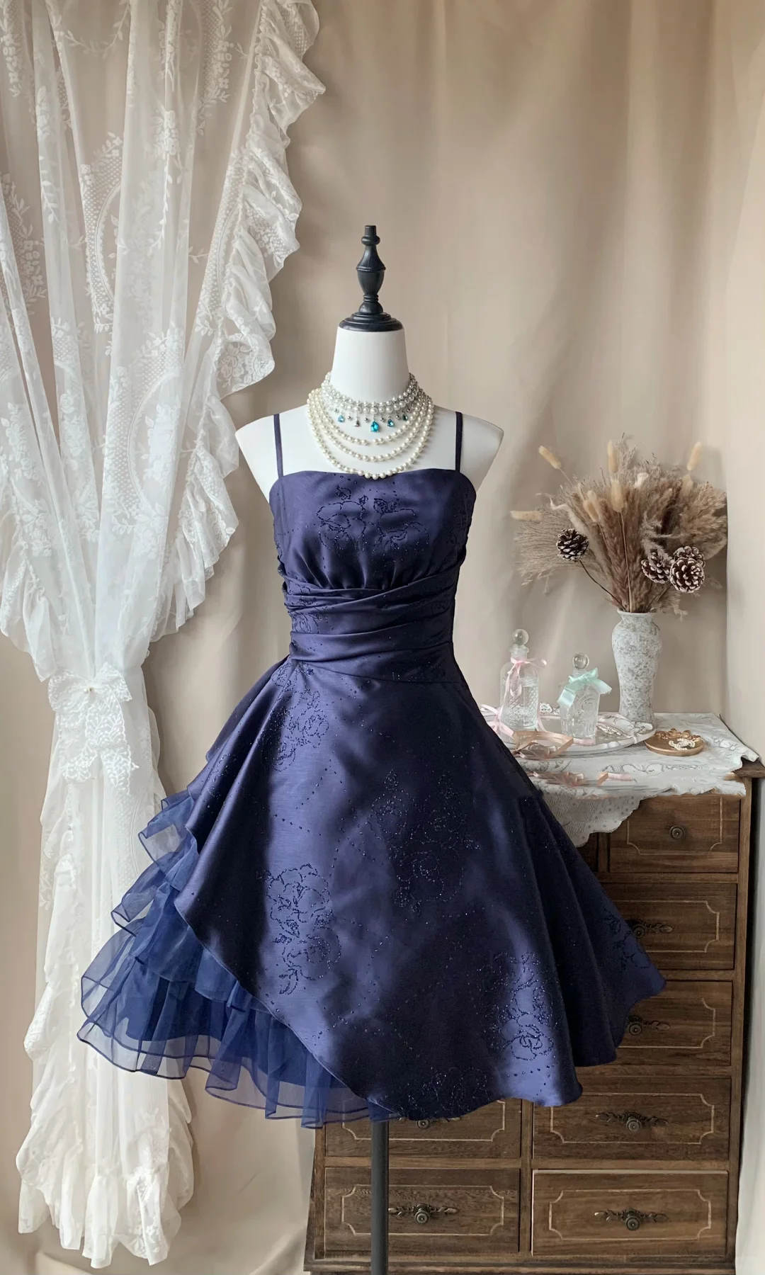Retro Spaghetti Straps Satin Tulle Beaded Short Birthday Dress,Navy Blue Mini 7th Grade Homecoming Dress D3188