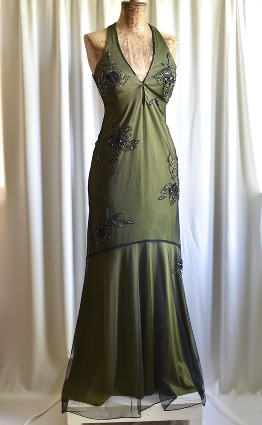 Vintage Olive Green Satin Tulle Beaded Mermaid Evening Dress Backless Long Party Dress D1405