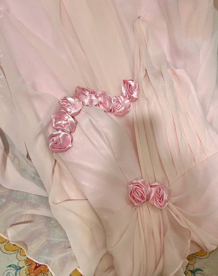 Pretty Pink Chiffon Pleated One Shoulder Mermaid Long Party Dress Evening Gown With Flowers D21116