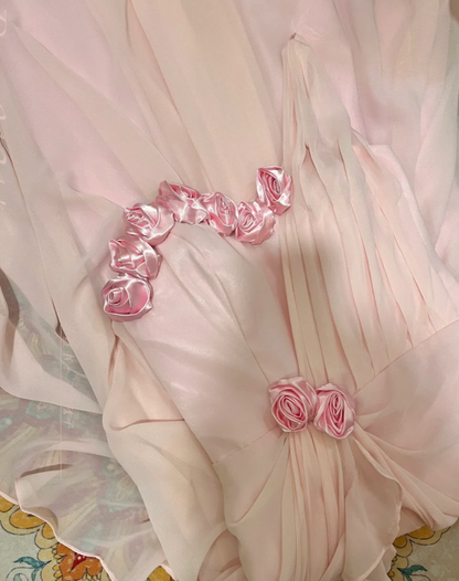Pretty Pink Chiffon Pleated One Shoulder Mermaid Long Party Dress Evening Gown With Flowers D21116