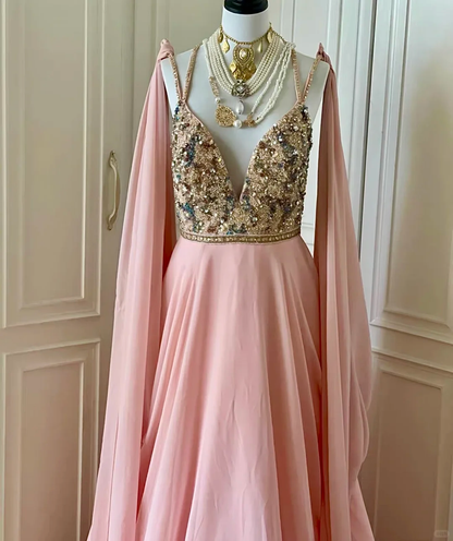 Gorgeous Spaghetti Straps V Neck Chiffon Sequin Beaded Long Wedding Guest Dress,Pink Mermaid Evening Dress D3098