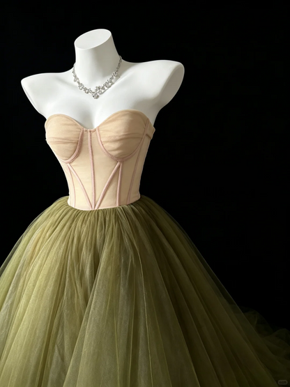 Elegant Sweetheart Neck Olive Green Tulle Long Prom Dress Evening Dress D5222