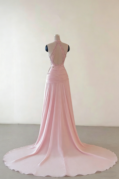 Pretty Pink Halter Chiffon Beaded Evening Gown Backless Long Prom Dresses D2463