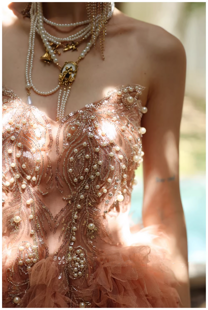 Gorgeous Strapless Pink Tulle Beaded A Line Birthday Prom Dress Evening Dresses D2423