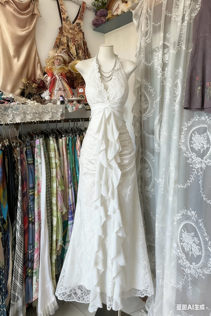 Vintage Mermaid Halter Sleeveless Long Black Lace Evening Dress Prom Dresses SD1908