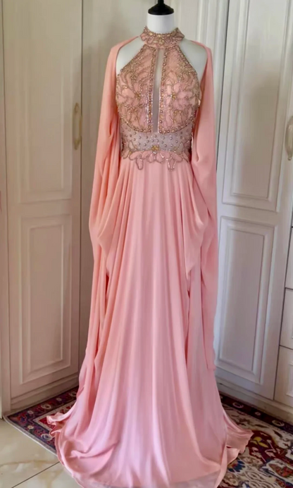 Glamorous Pink Halter Chiffon Beaded Mermaid Long Evening Dress Party Gown D3097
