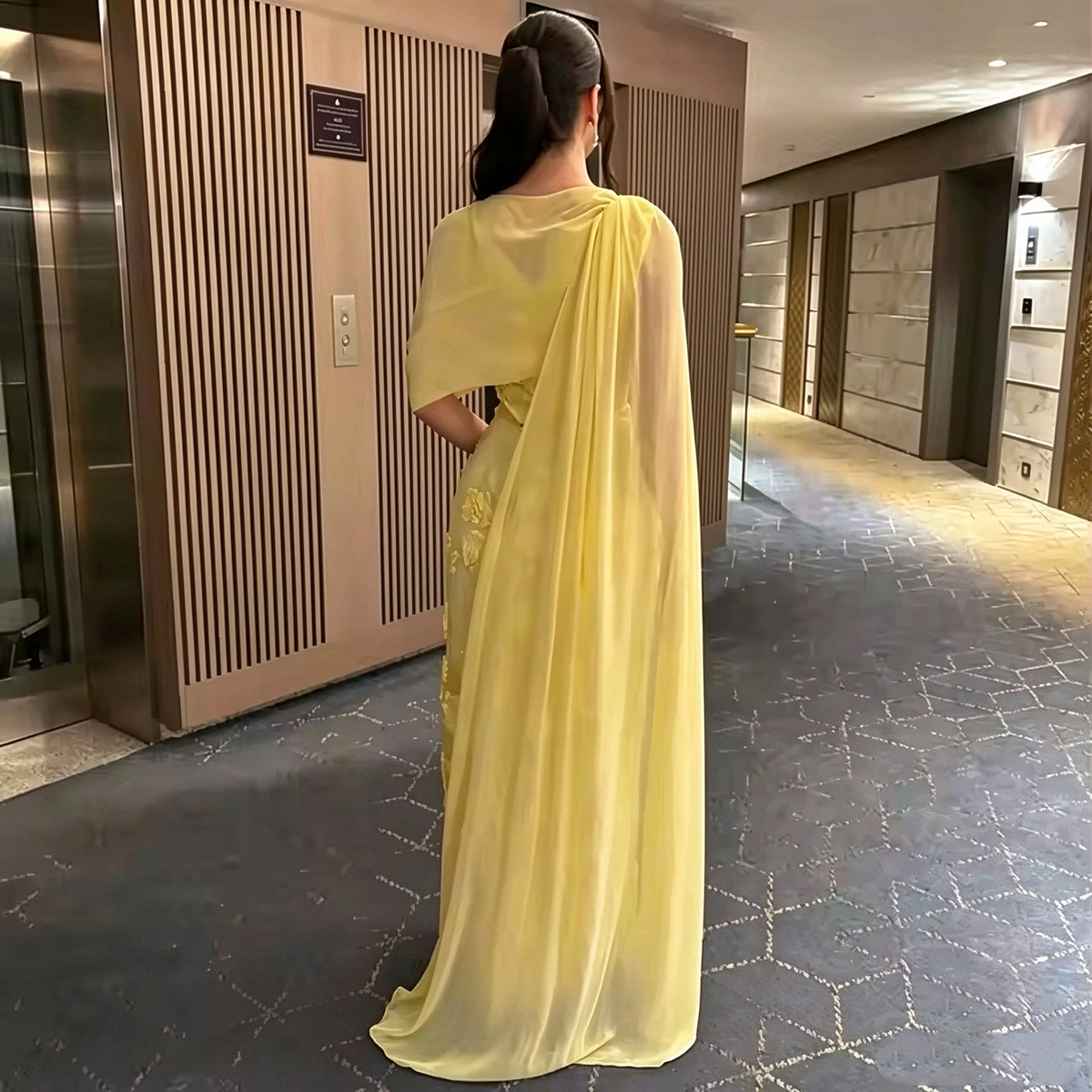 Pretty Yellow Chiffon Satin Sheath Floral Beaded Long Party Dress Evening Gown D4937