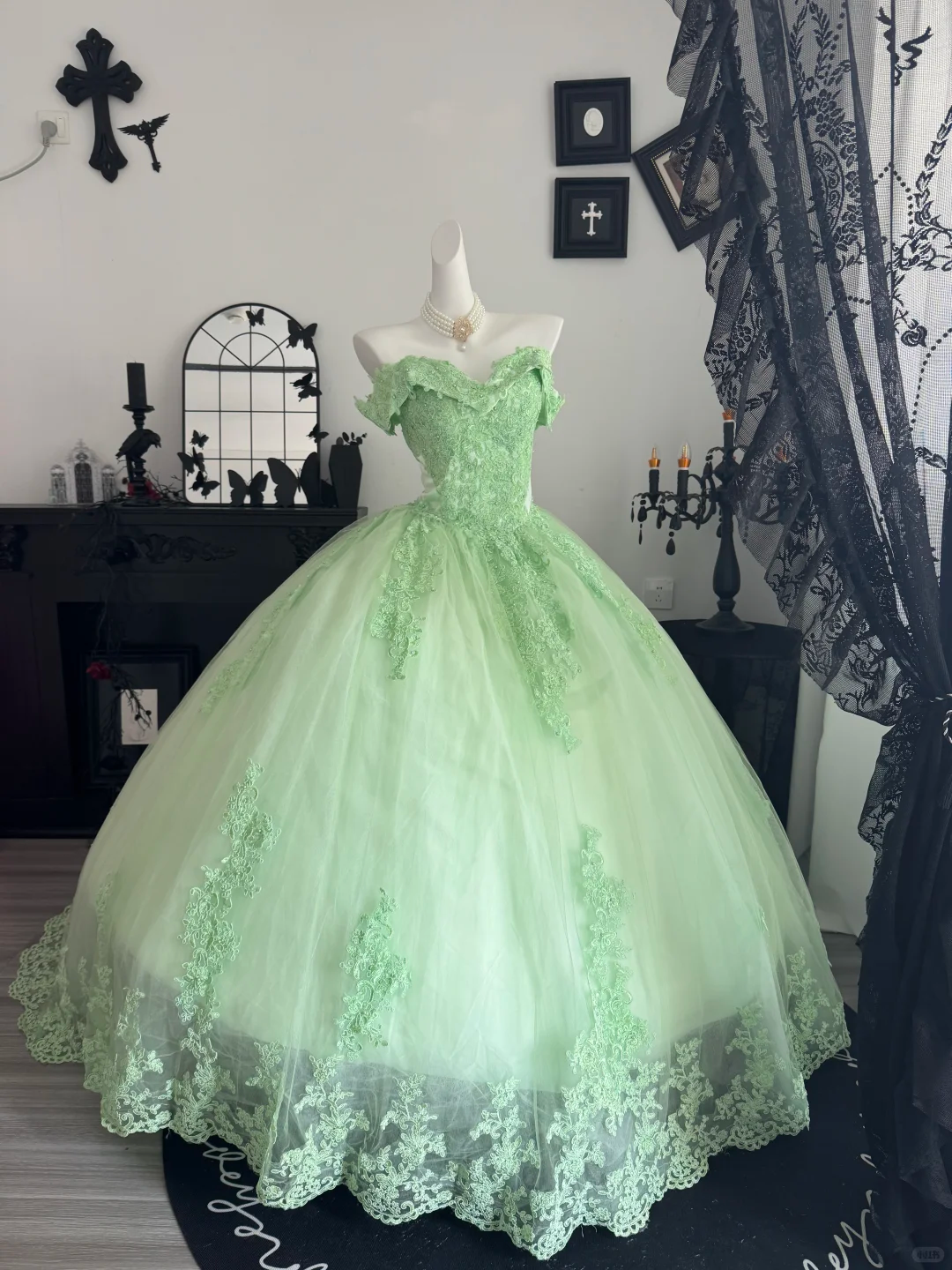 Cute Off The Shoulder Tulle Appliques Sweet 15 Dress,Green Quinceanera Dress With Bow D3722