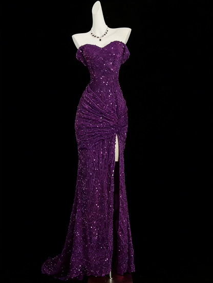 Classy Mermaid Sweetheart Red Slit Sequin Long Evening Gowns Prom Dress SD2766