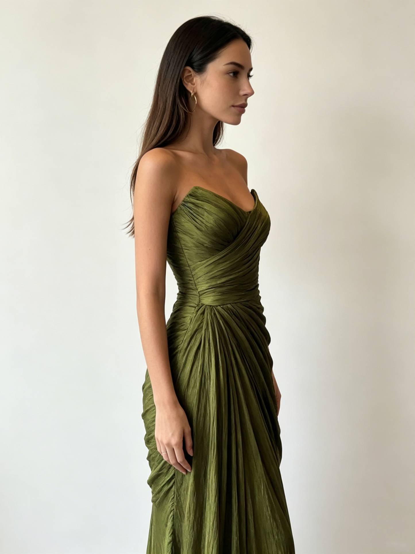 Vintage Green Strapless Tulle Pleated Mermaid Long Evening Dress Formal Guest Dress D827
