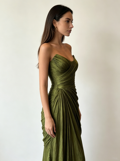 Vintage Green Strapless Tulle Pleated Mermaid Long Evening Dress Formal Guest Dress D827