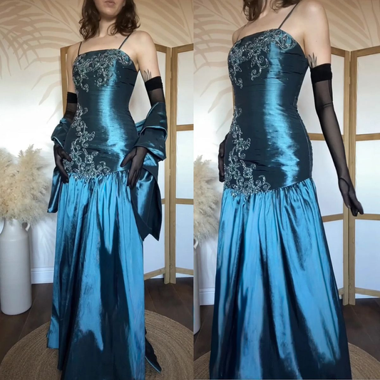 Elegant Spaghetti Straps Blue Satin Beaded Mermaid Long Party Dress Evening Gown D1907