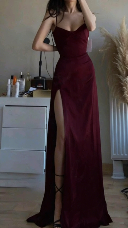 Sexy A Line Spaghetti Straps Black Satin Slit Party Dress Long Prom Dresses SD1516