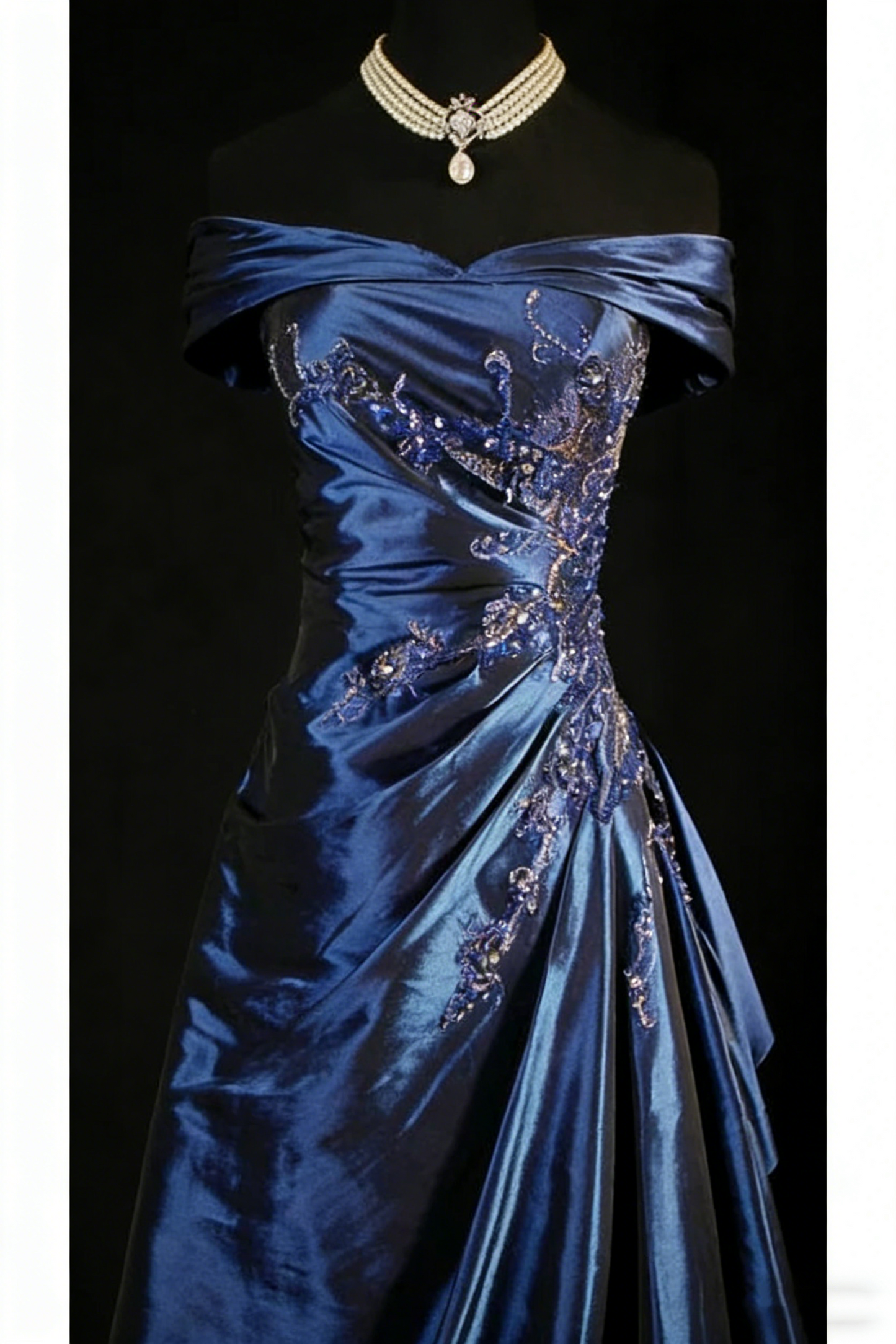 Vintage Off The Shoulder Ball Gown Navy Blue Satin Beaded Long Prom Dresses Party Dress D2461
